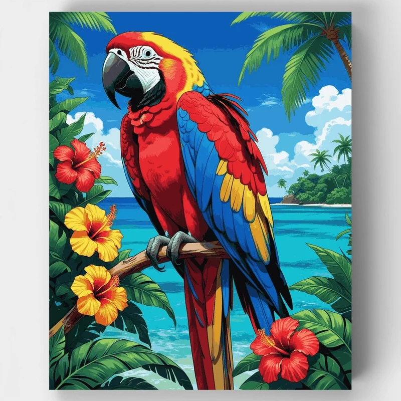 Scarlet Macaw in Tropical Island Paradise - Paint by Numbers Kit
