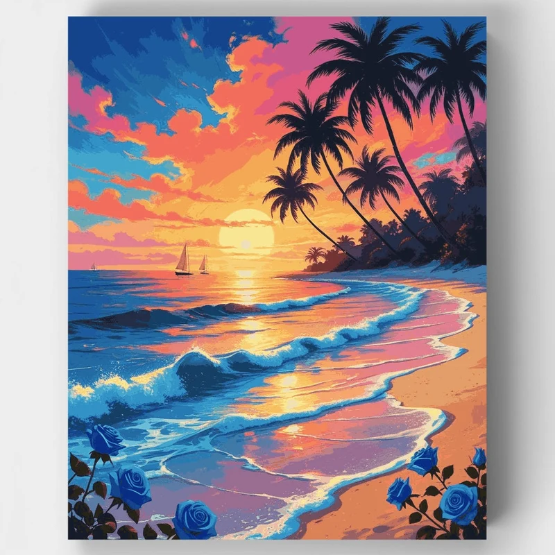 Tropical Beach Sunset with Blue Roses - Paint by Numbers Kit