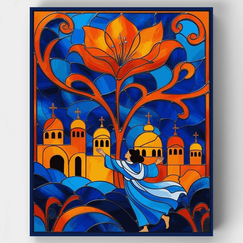 Vibrant Stained Glass Flower and Church - Paint by Numbers Kit
