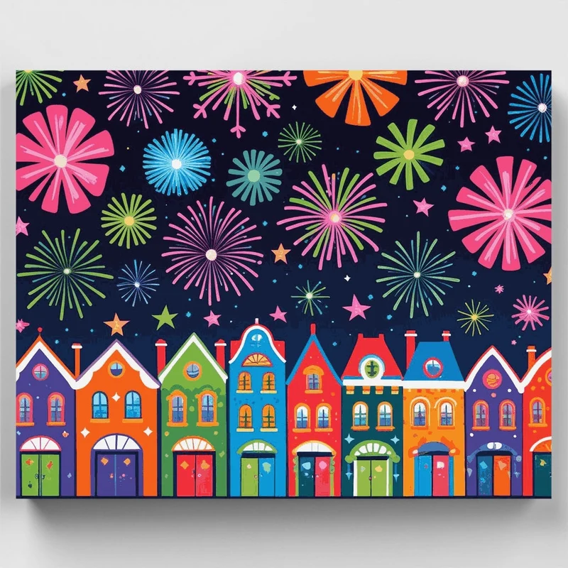 Colorful Fireworks Over Town Houses - Paint by Numbers Kit
