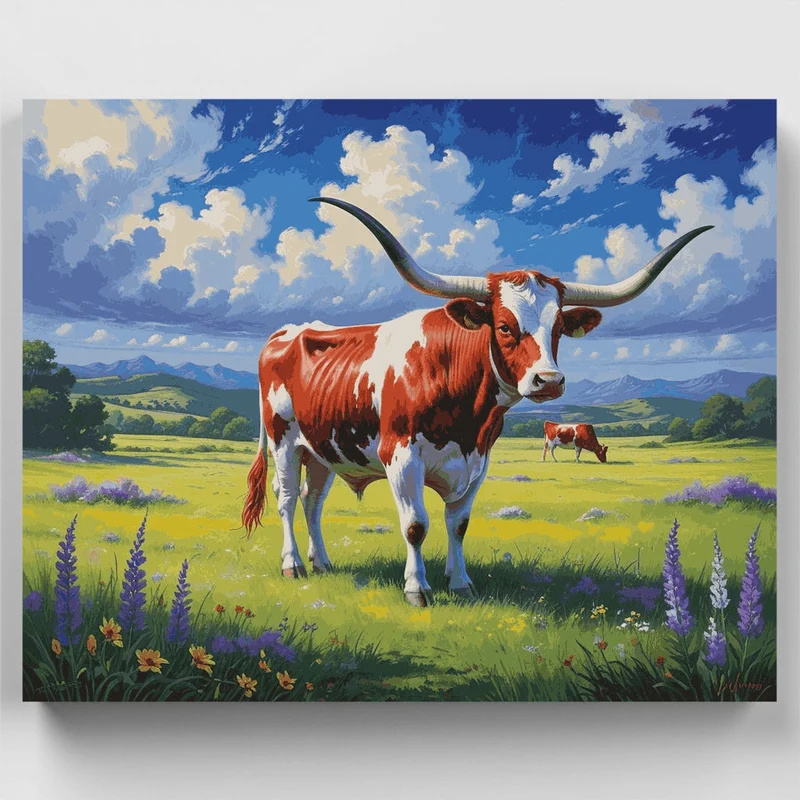 Texas Longhorn in Wildflower Meadow - Paint by Numbers Kit