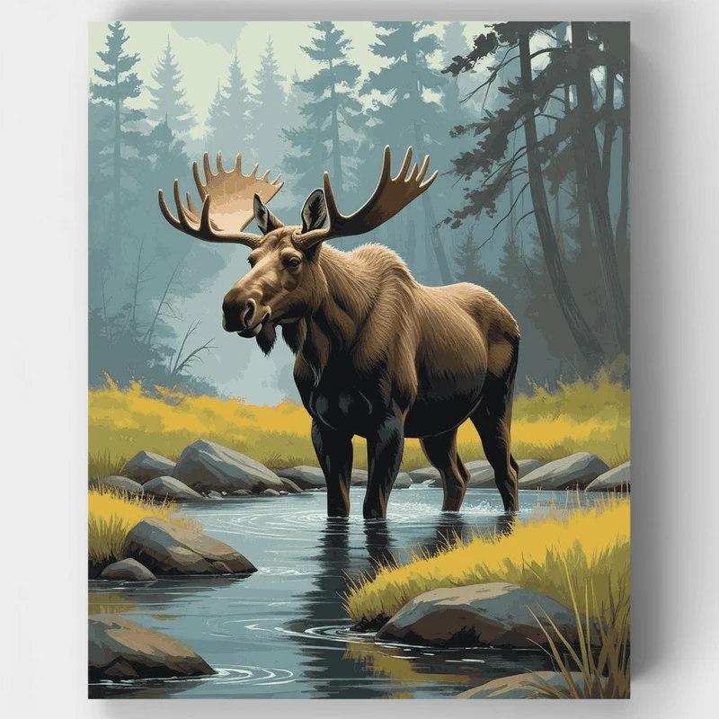 Majestic Moose in Misty Forest Stream - Paint by Numbers Kit