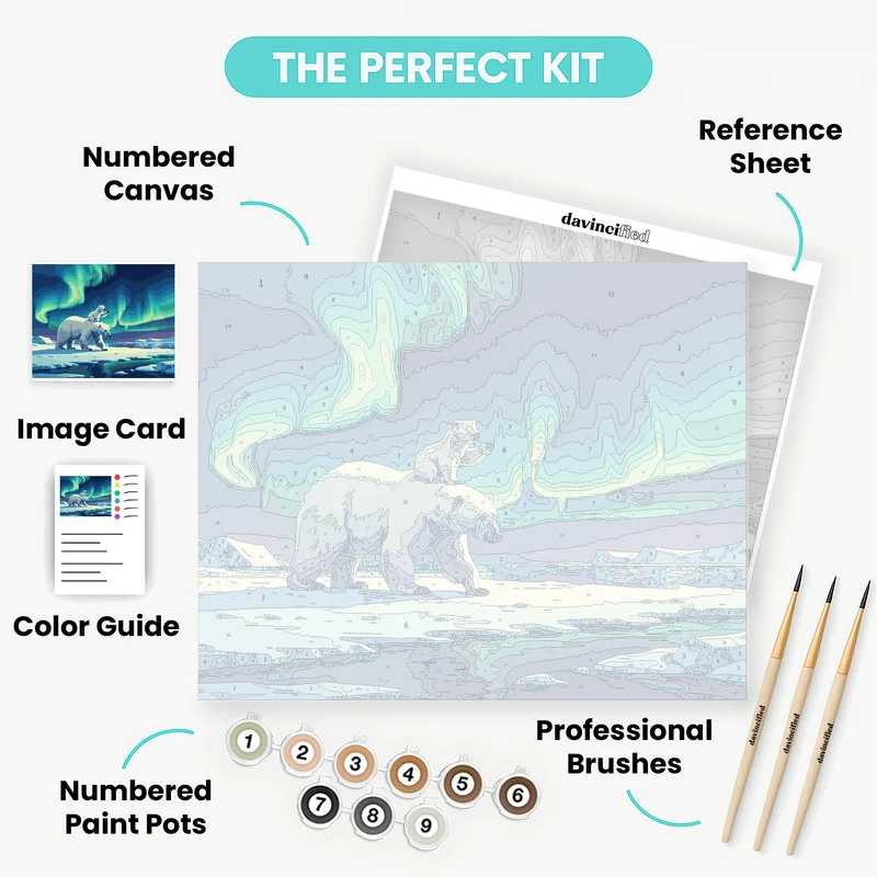 Mother Polar Bear with Cub Under Aurora - Paint by Numbers Kit
