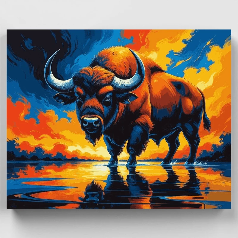 Powerful Buffalo at Fiery Sunset - Paint by Numbers Kit