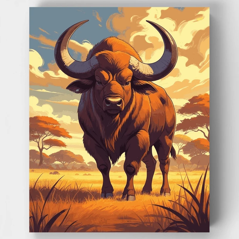 Powerful Buffalo on African Savanna - Paint by Numbers Kit