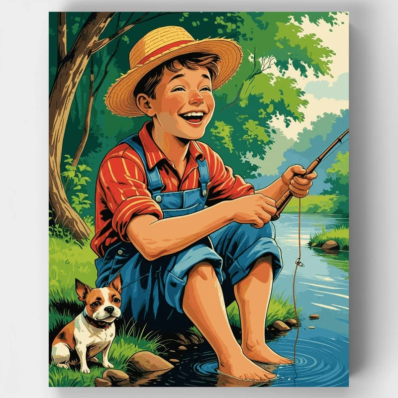 Fishing Boy with Dog - Paint by Numbers Kit