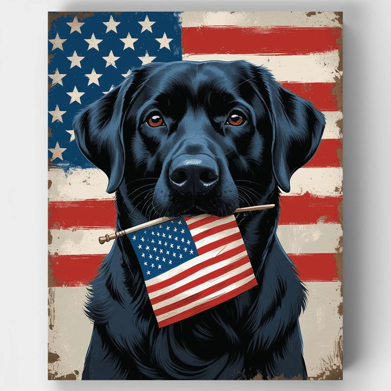 Patriotic Black Lab with American Flag - Paint by Numbers Kit