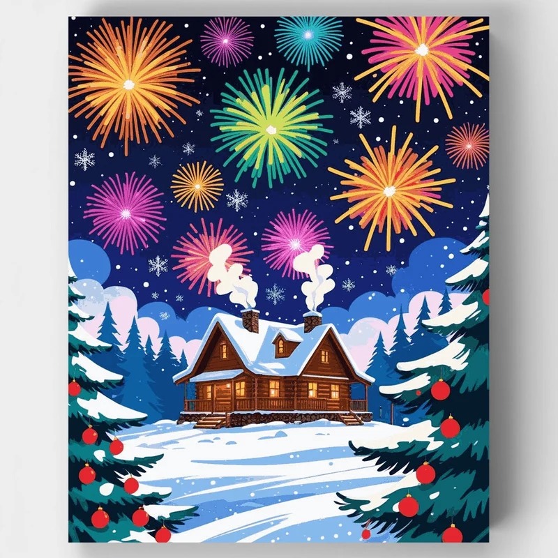 Winter Cabin Fireworks - Paint by Numbers Kit