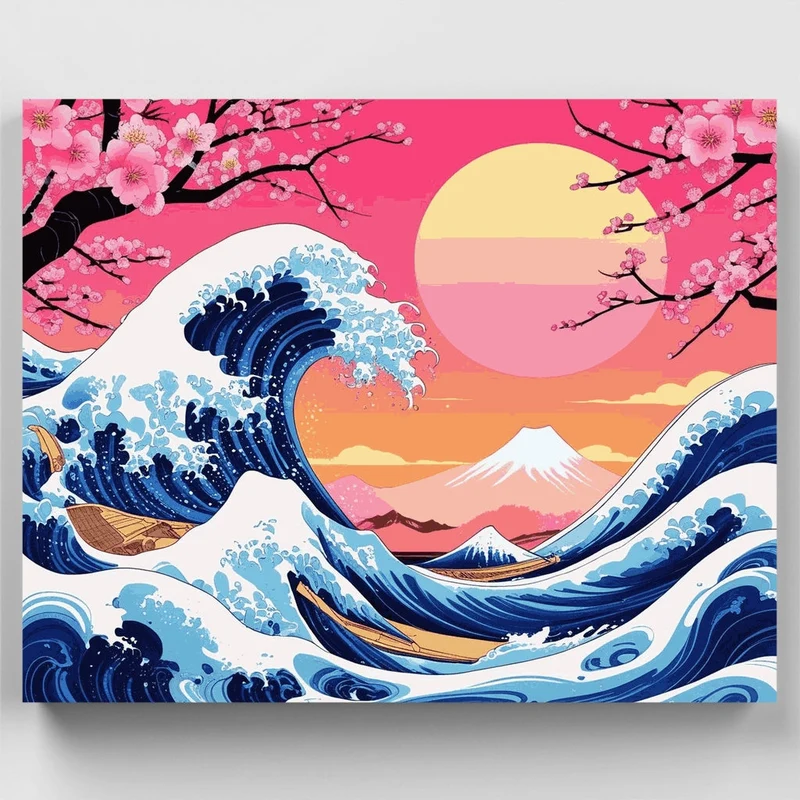 Great Wave with Cherry Blossoms and Mount Fuji - Paint by Numbers Kit