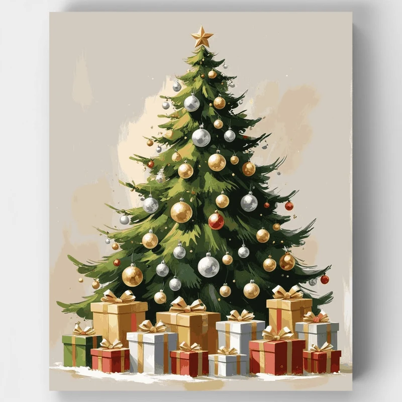 Festive Christmas Tree with Presents - Paint by Numbers Kit