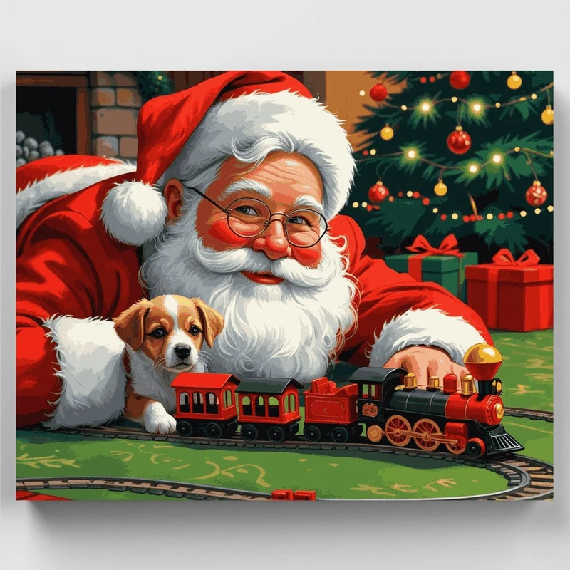 Santa's Workshop with Puppy and Train - Paint by Numbers Kit