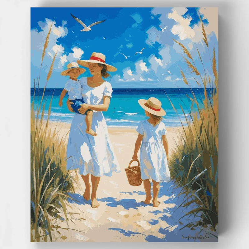 Beach Day with Mom and Children - Paint by Numbers Kit