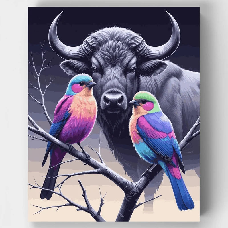 Buffalo with Colorful Birds - Paint by Numbers Kit
