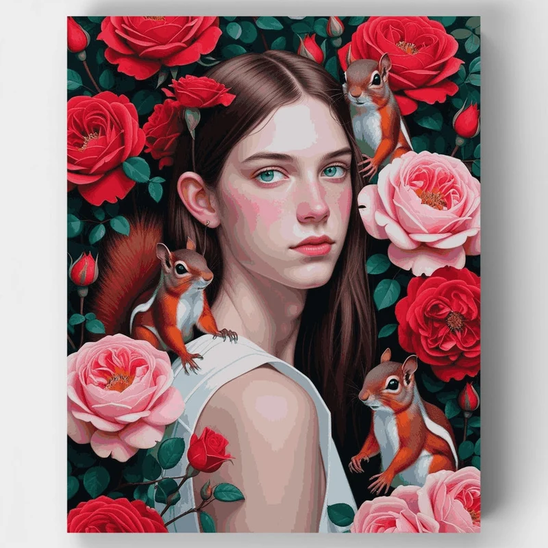 Girl with Squirrels and Roses - Paint by Numbers Kit