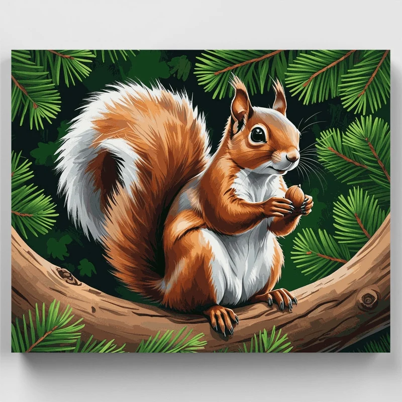 Red Squirrel Holding Hazelnut on Branch - Paint by Numbers Kit