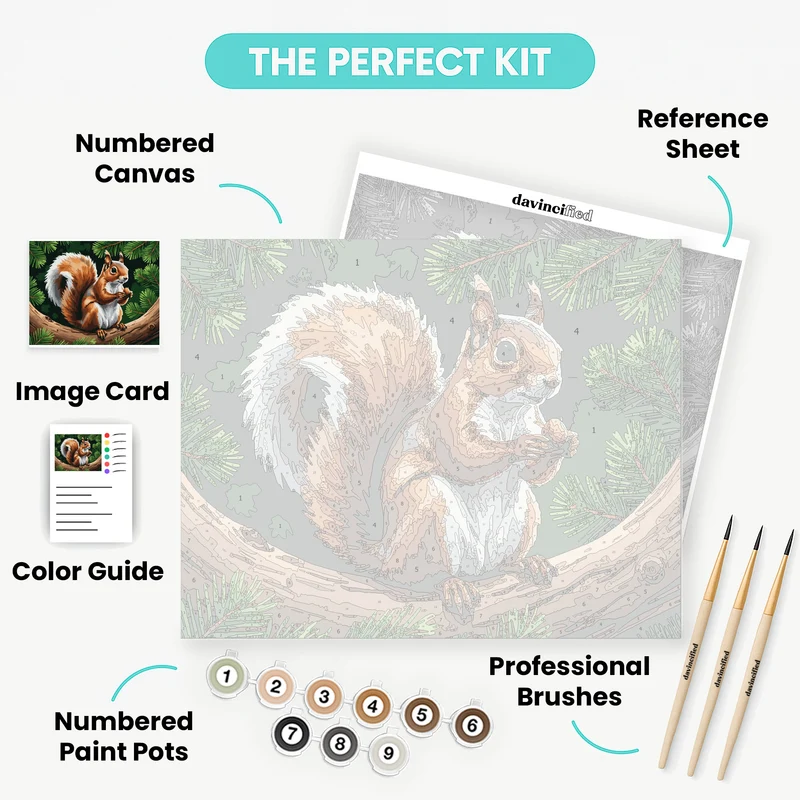 Red Squirrel Holding Hazelnut on Branch - Paint by Numbers Kit