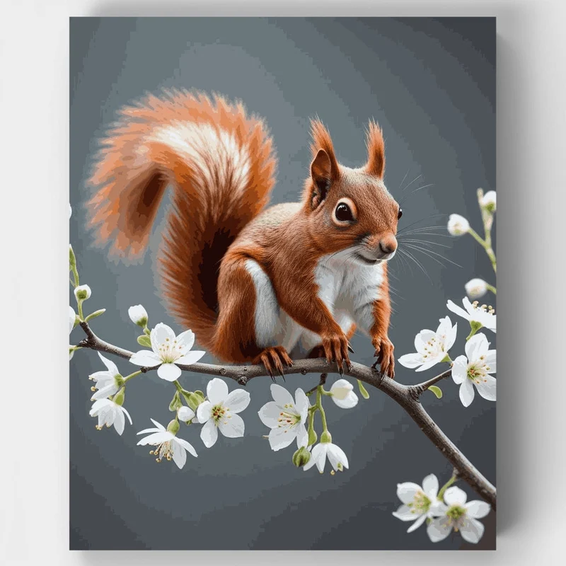 Red Squirrel on Cherry Blossom Branch - Paint by Numbers Kit