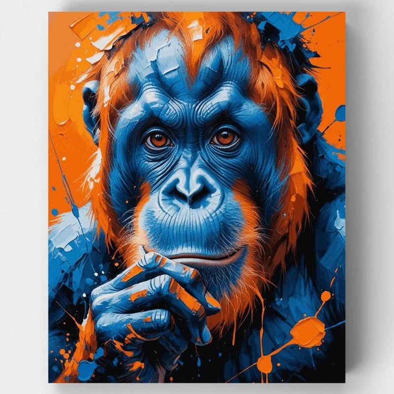 Thoughtful Orangutan in Blue and Orange - Paint by Numbers Kit