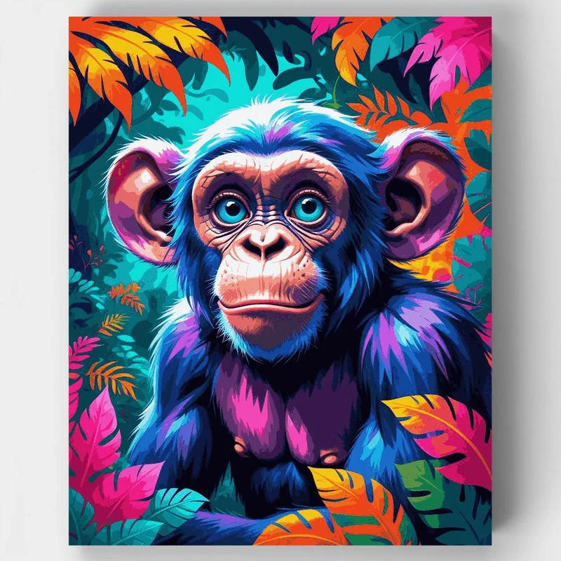 Vibrant Baby Chimpanzee in Tropical Jungle - Paint by Numbers Kit