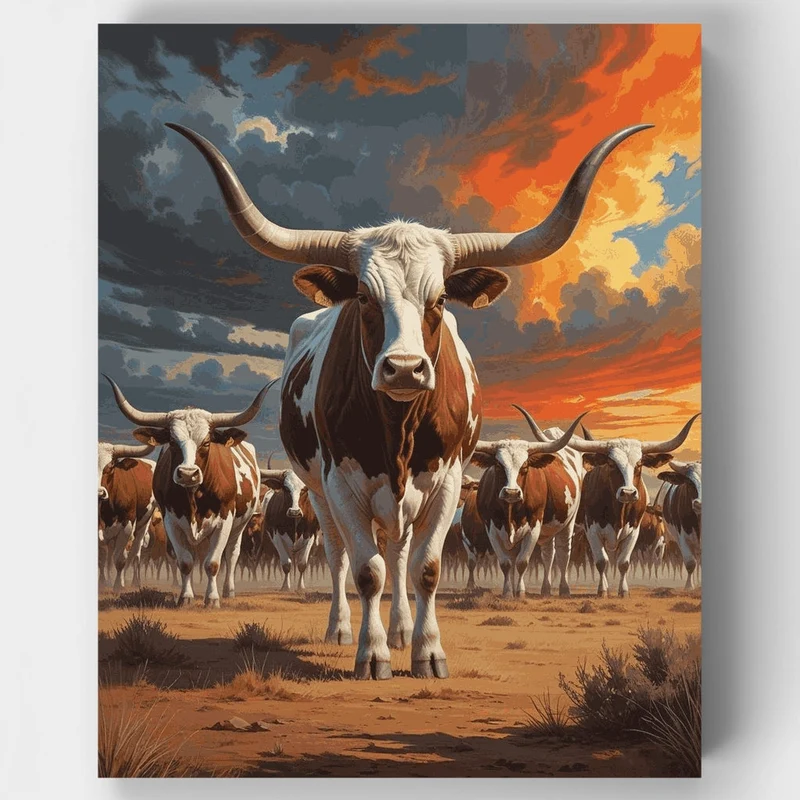 Majestic Longhorn Herd at Sunset - Paint by Numbers Kit