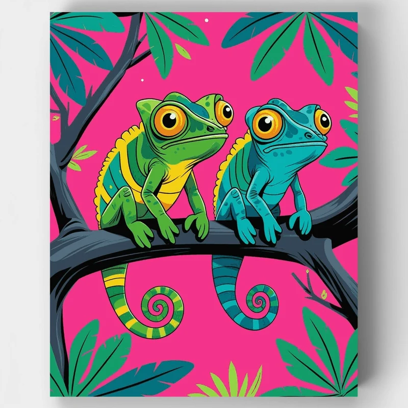 Vibrant Chameleons on Branch - Paint by Numbers Kit