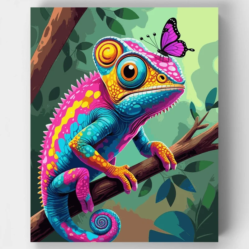 Psychedelic Chameleon with Butterfly - Paint by Numbers Kit