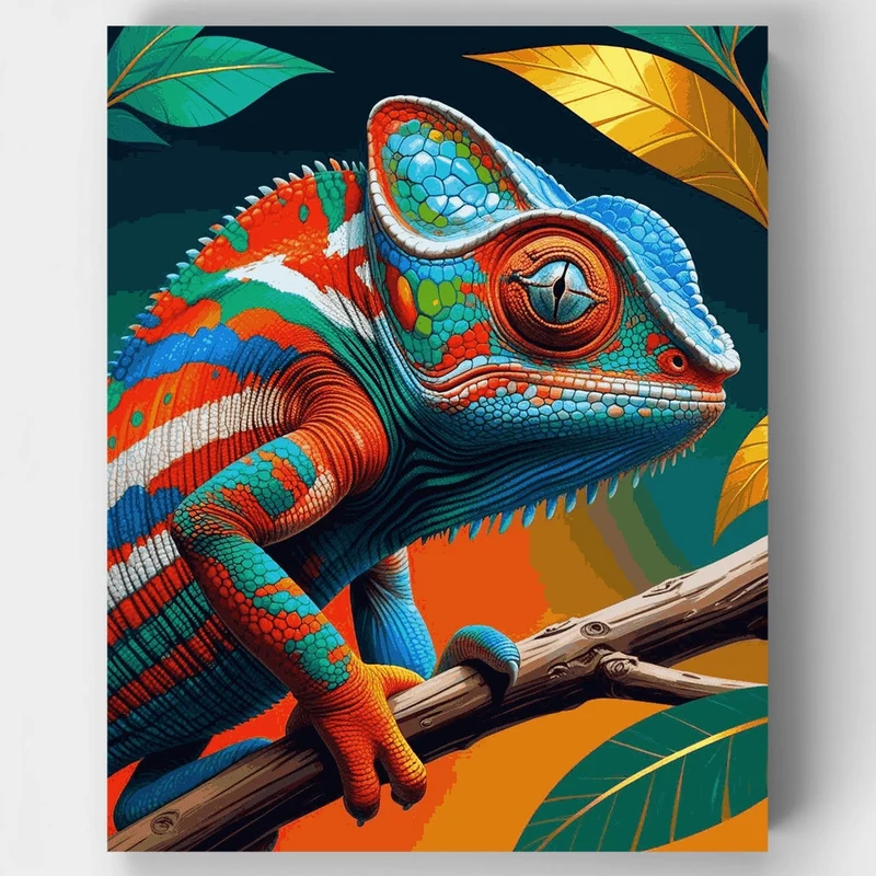 Colorful Chameleon on Branch - Paint by Numbers Kit