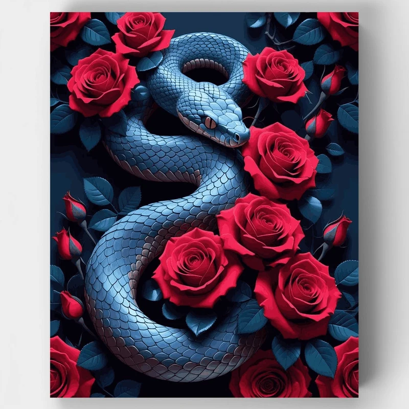 Blue Snake with Red Roses - Paint by Numbers Kit