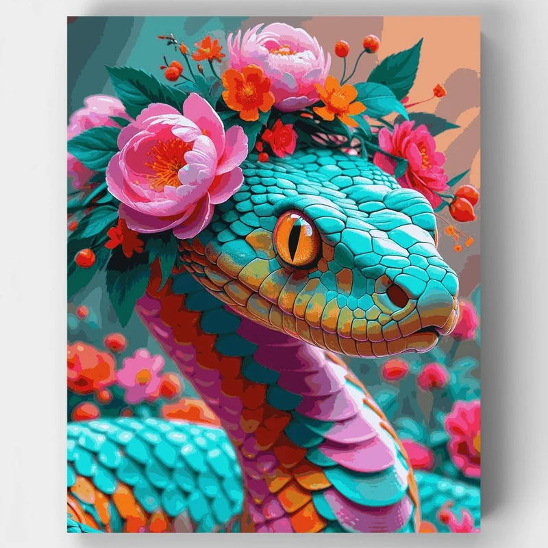 Turquoise Snake with Pink Peonies - Paint by Numbers Kit