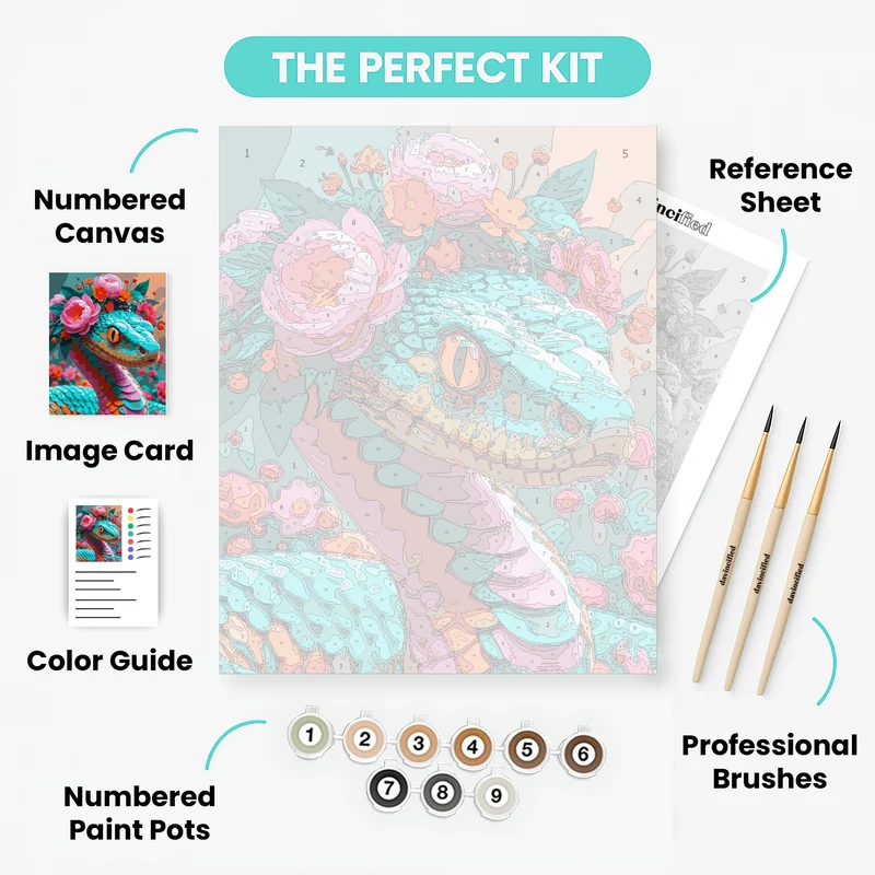 Turquoise Snake with Pink Peonies - Paint by Numbers Kit