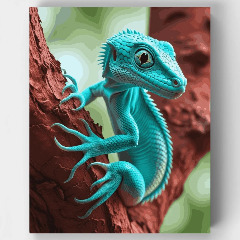 Turquoise Lizard on Tree Branch - Paint by Numbers Kit