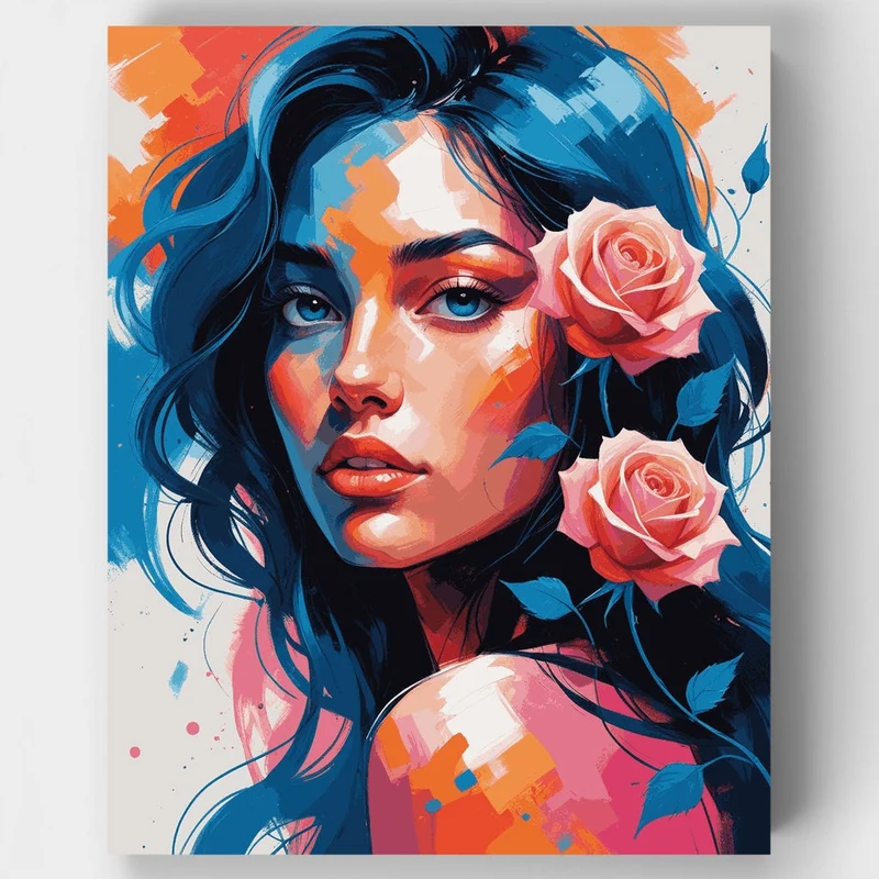 Blue Hair Beauty with Roses - Paint by Numbers Kit