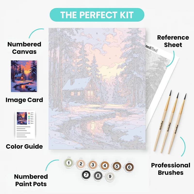 Snowy Cabin Sunset - Paint by Numbers Kit