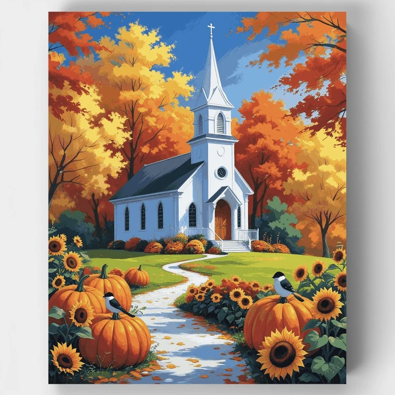 Autumn Church with Sunflowers - Paint by Numbers Kit