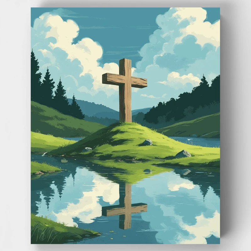 Wooden Cross on Hilltop - Paint by Numbers Kit