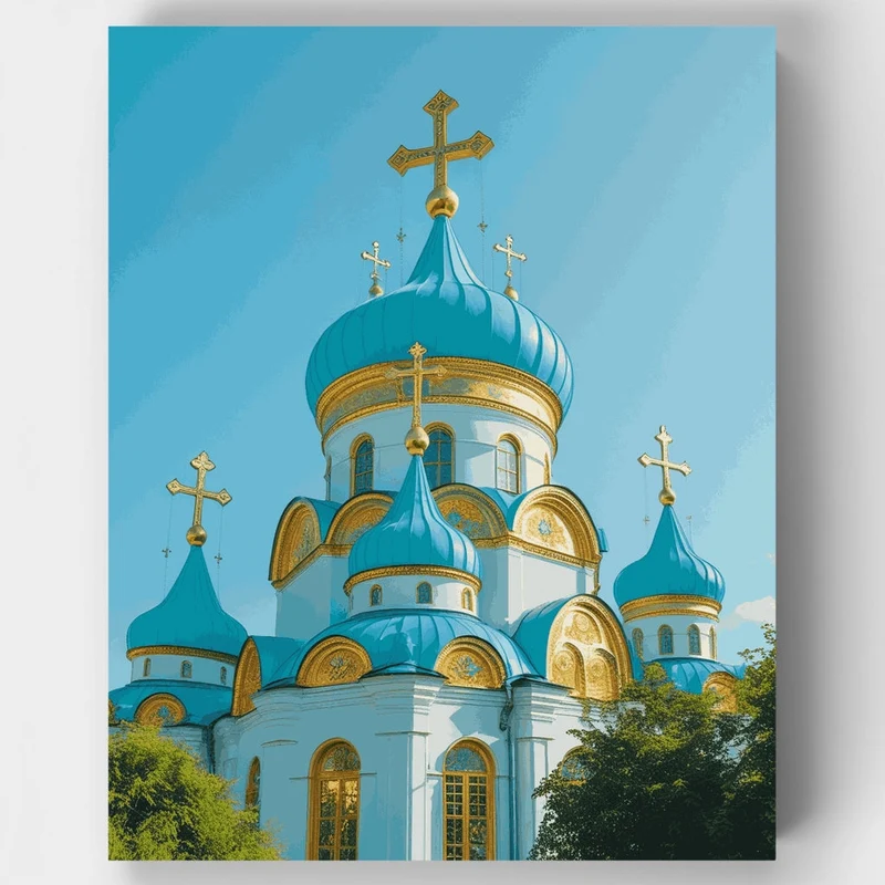 Orthodox Golden Church with Blue Domes - Paint by Numbers Kit