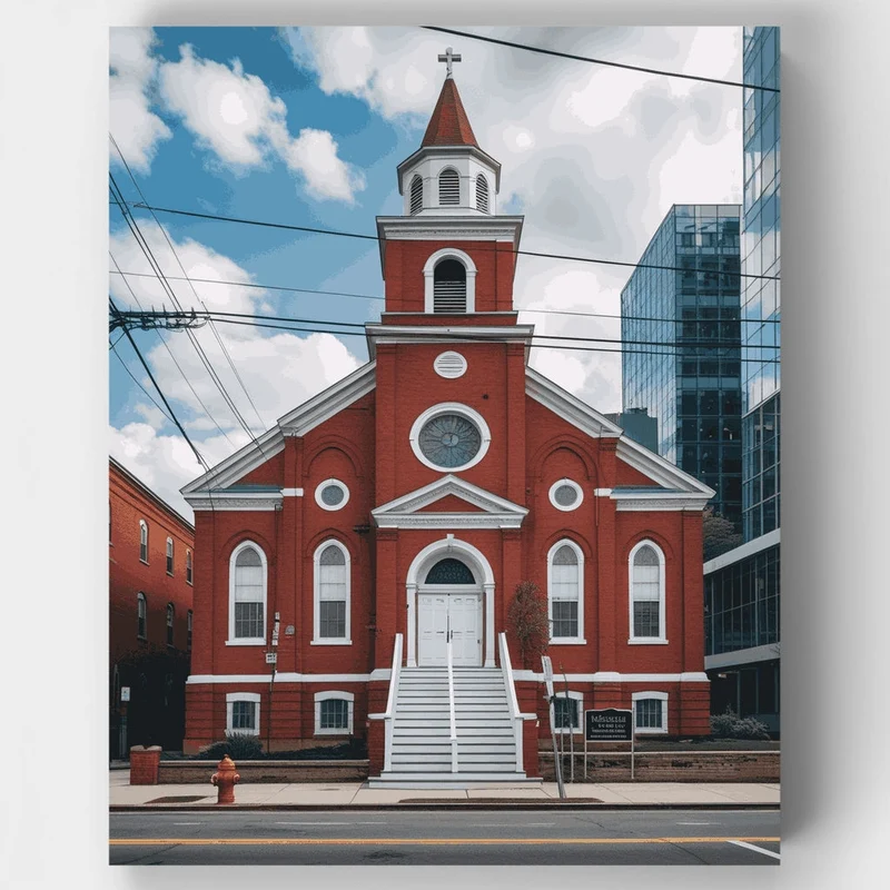Red Brick Church with Steeple - Paint by Numbers Kit