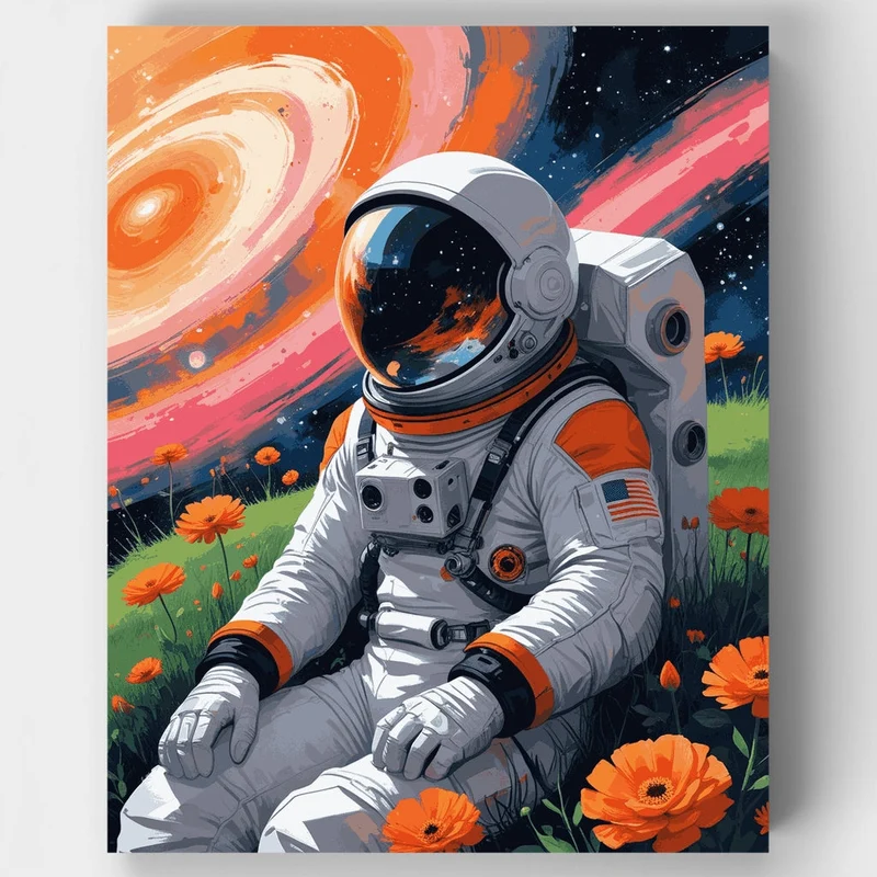 Cosmic Astronaut in Flower Field - Paint by Numbers Kit