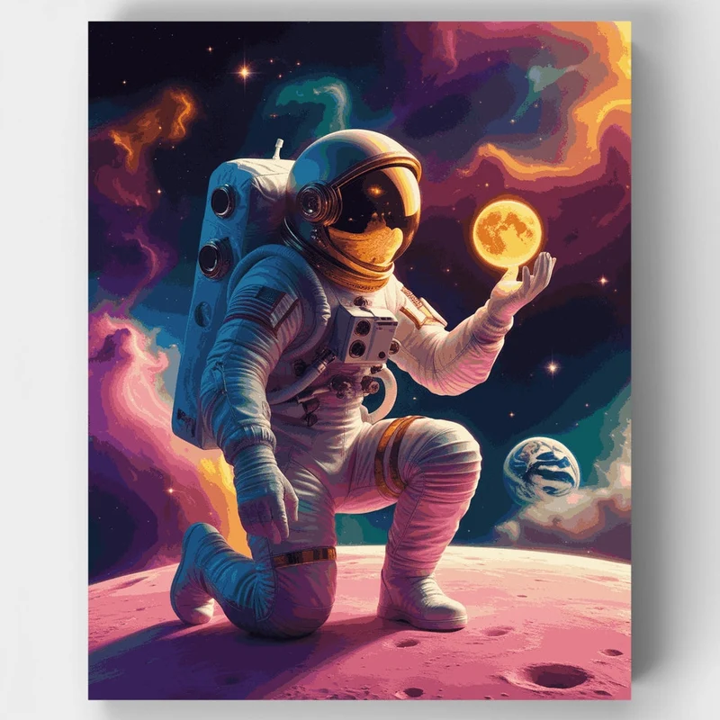 Cosmic Astronaut Holding Moon - Paint by Numbers Kit