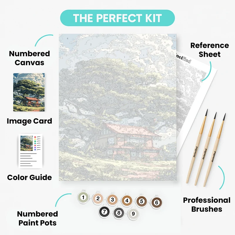 Traditional Japanese House Under Giant Tree - Paint by Numbers Kit