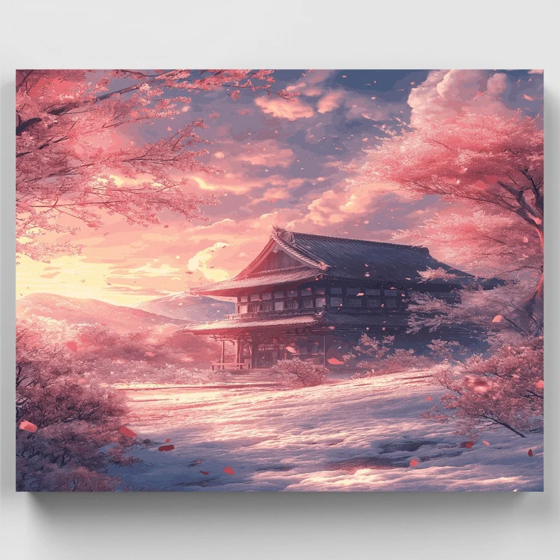 Japanese Temple in Cherry Blossom Season - Paint by Numbers Kit