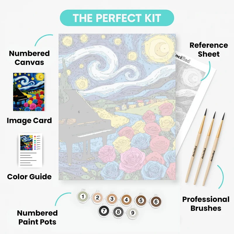 Starry Night Piano and Roses - Paint by Numbers Kit