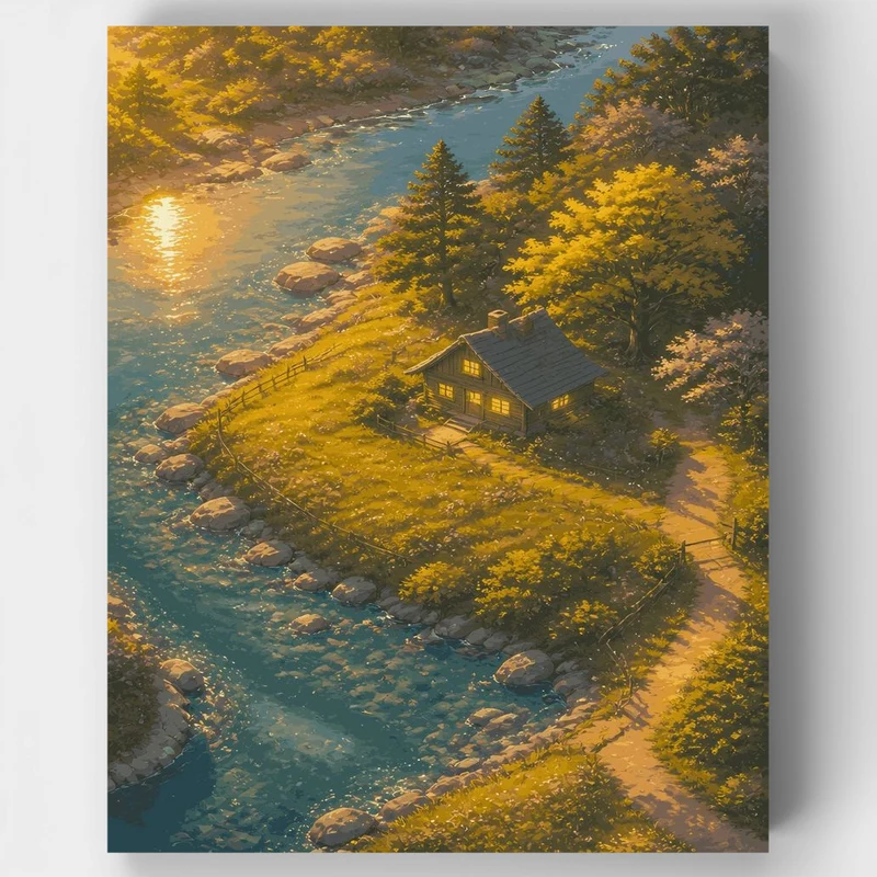 "Golden Hour at the Woodland Cabin" Paint by Numbers Kit