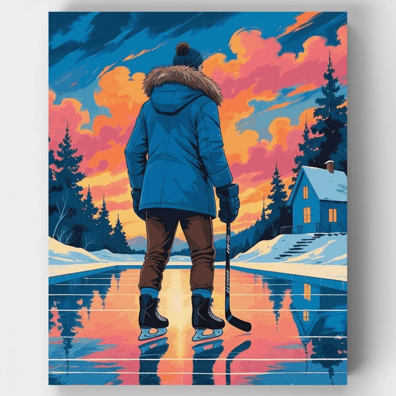Winter Pond Hockey Sunset - Paint by Numbers Kit