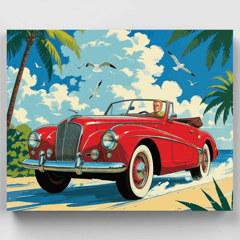 Vintage Convertible on Tropical Beach - Paint by Numbers Kit