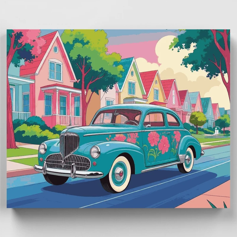 Retro Turquoise Car in Pastel Neighborhood - Paint by Numbers Kit