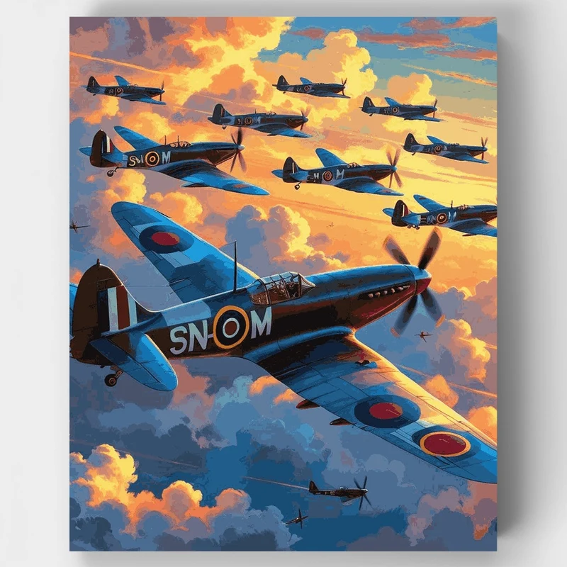 RAF Spitfire Squadron at Sunset - Paint by Numbers Kit