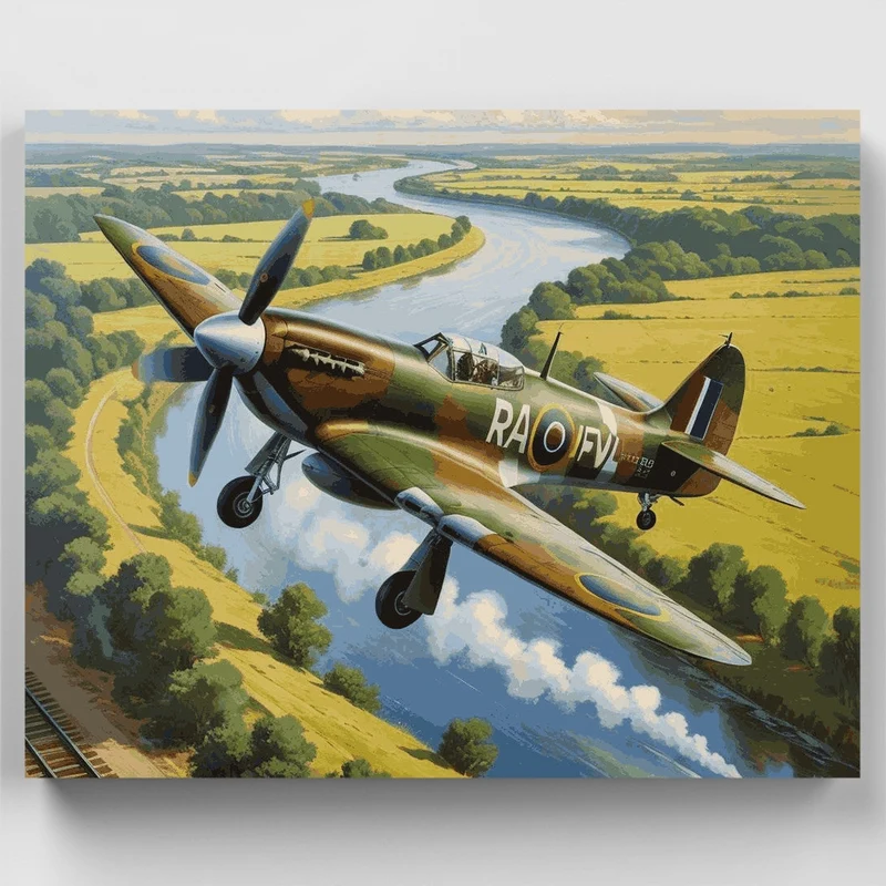 RAF Spitfire Over River Valley - Paint by Numbers Kit