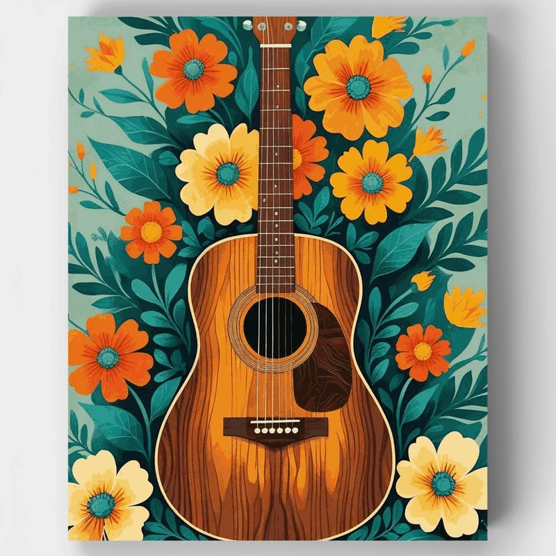 Acoustic Guitar with Orange Flowers - Paint by Numbers Kit