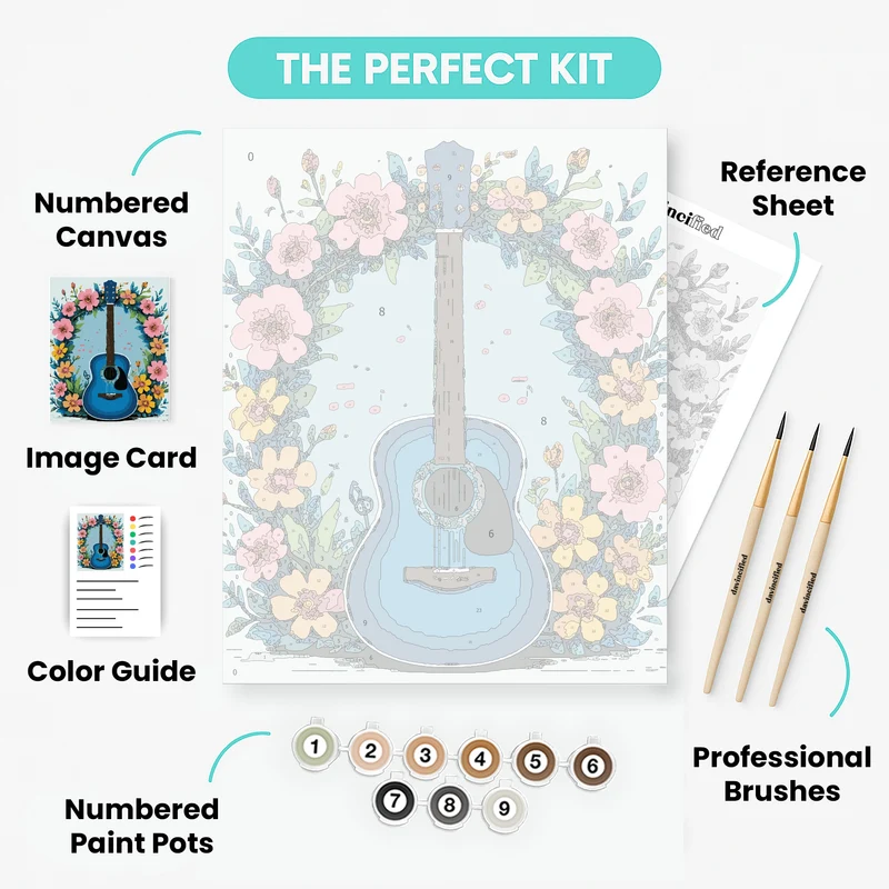 Blue Guitar with Floral Wreath - Paint by Numbers Kit